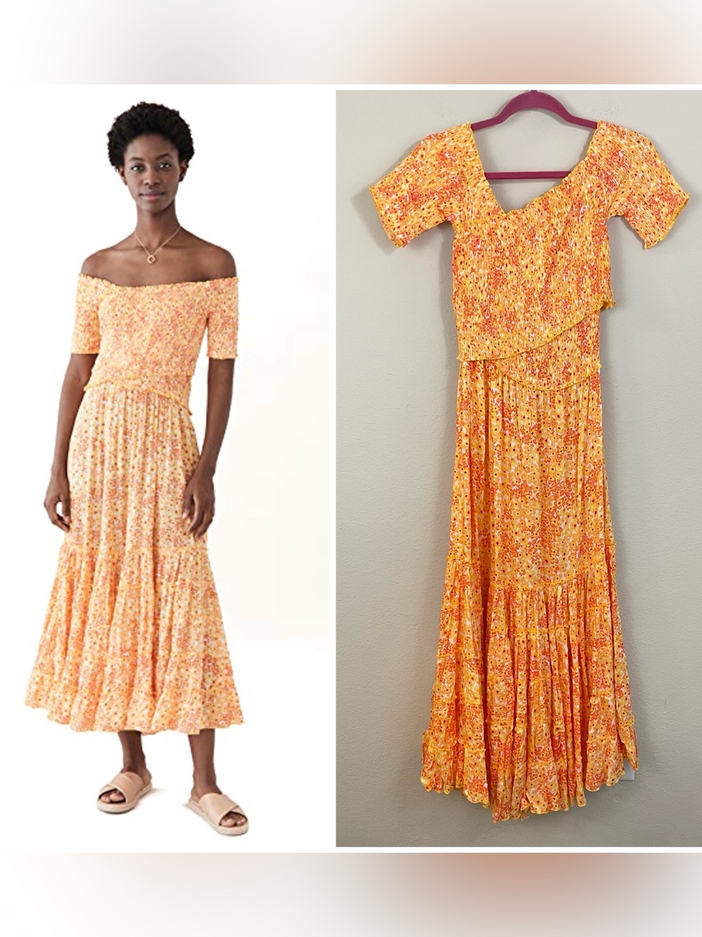 NEW Poupette St Barth Soledad Off Shoulder Midi Dress In Yellow Hortensia Size S